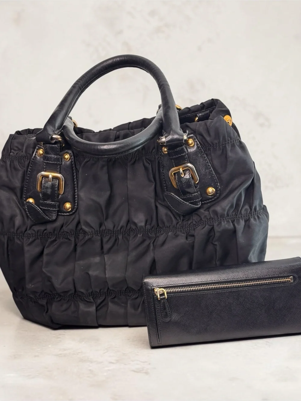 Prada Black Gathered Nylon Tote with Gold Hardware and Matching Wallet